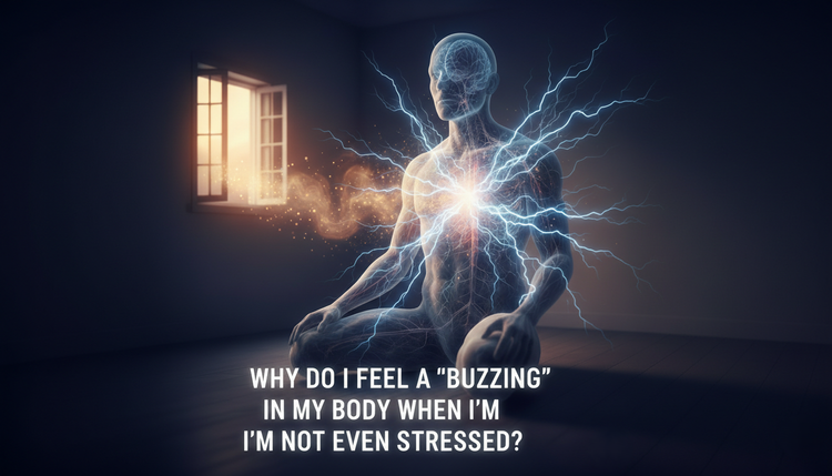 Human silhouette with glowing electrical energy lines in a dark room next to an open window. Conceptual art for nervous system buzzing and stress.