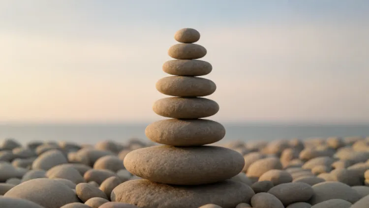 A stack of smooth, rounded stones balanced on one another, set against a softly blurred horizon with warm natural light. The image conveys tranquillity, stability, and emotional grounding.