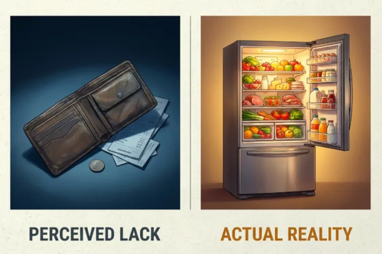 Split image: left shows a nearly empty wallet labeled “Perceived Lack,” right shows a full fridge labeled “Actual Reality,” contrasting scarcity vs abundance.