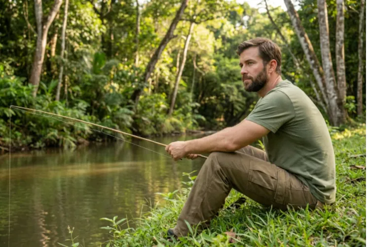 A man in modest modern clothes fishing on a calm riverbank surrounded by lush jungle, symbolising survival mode.