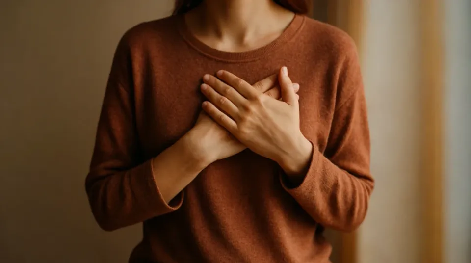 Close-up of a person gently placing both hands over their heart, wearing a rust-coloured sweater in soft natural light. Symbolises emotional nourishment and self-compassion.