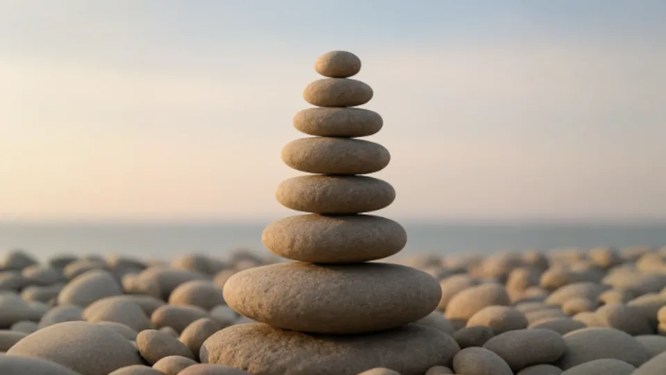 A stack of smooth, rounded stones balanced on one another, set against a softly blurred horizon with warm natural light. The image conveys tranquillity, stability, and emotional grounding.