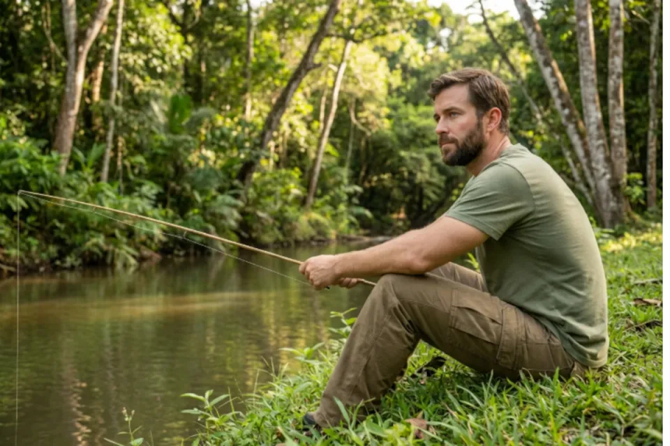 A man in modest modern clothes fishing on a calm riverbank surrounded by lush jungle, symbolising survival mode.